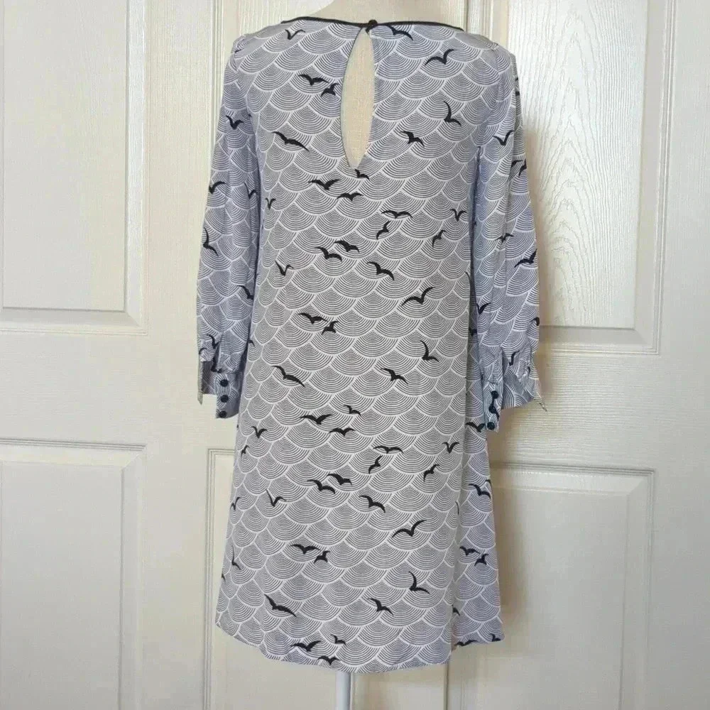 Kate Spade Blue & White Silk Long Sleeve Bird Print Shirt Women's Dress